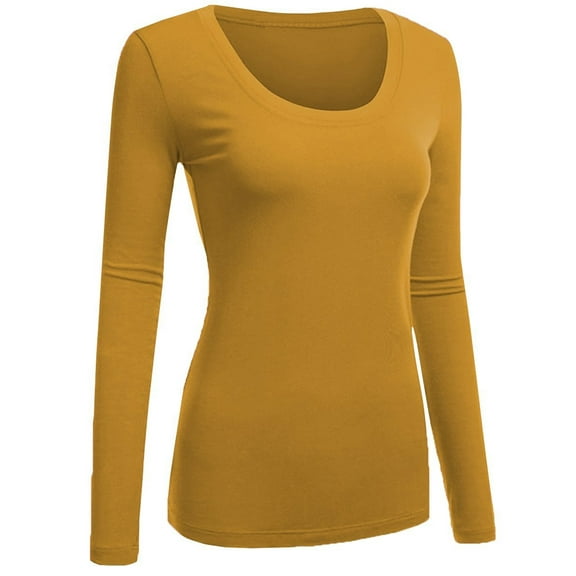 Emmalise Women's Plain Basic Scoop Neck Long Sleeve TShirt Tee - Mustard, M