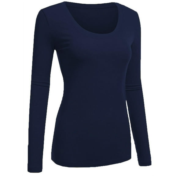 Emmalise Women's Plain Basic Scoop Neck Long Sleeve TShirt Tee - Navy, 1XL
