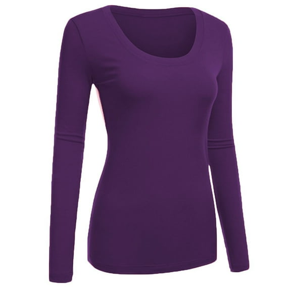 Emmalise Women's Plain Basic Scoop Neck Long Sleeve TShirt Tee - Purple, L
