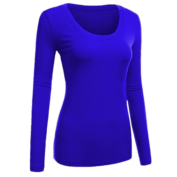 Emmalise Women's Plain Basic Scoop Neck Long Sleeve TShirt Tee - Royal, M