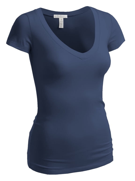 Emmalise Women's Plain Short Sleeve T-Shirt V-Neck Top Junior & Plus Sizes