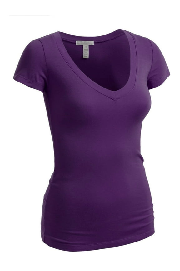 Women's Plain Short Sleeve T-Shirt V-Neck Top Junior & Plus Sizes