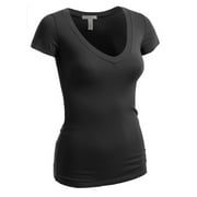 Emmalise Women's Short Sleeve T Shirt V Neck Tee (Black, Large)