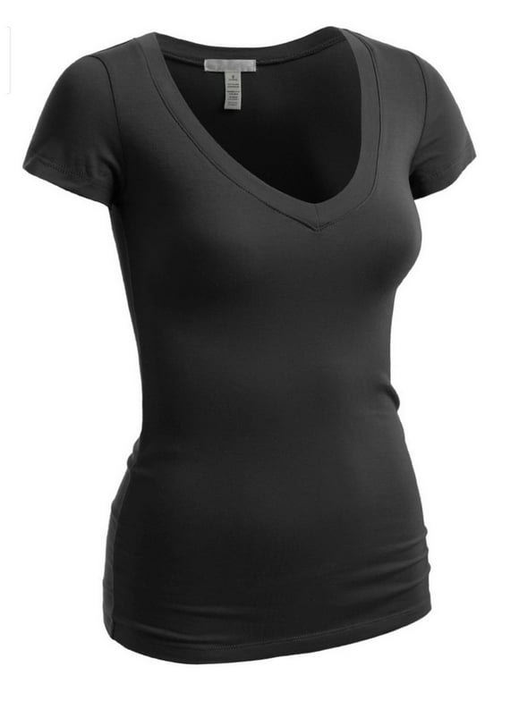Emmalise Women's Short Sleeve T Shirt V Neck Tee (Black, Large)
