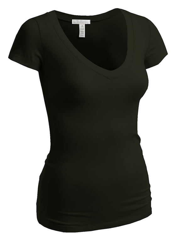 Women's Short Sleeve T Shirt V Neck Tee (Olive, Large)