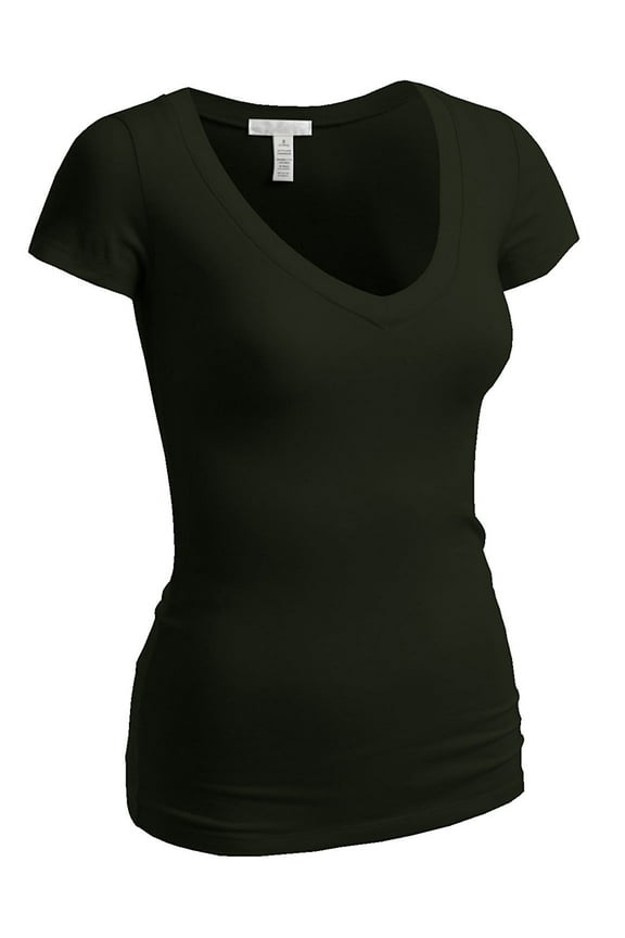Women's Short Sleeve T Shirt V Neck Tee (Olive, Large)