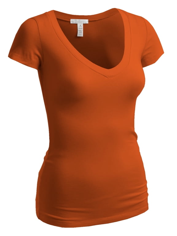 Emmalise Women's Short Sleeve T Shirt V Neck Tee (Spicy Orange, Small)