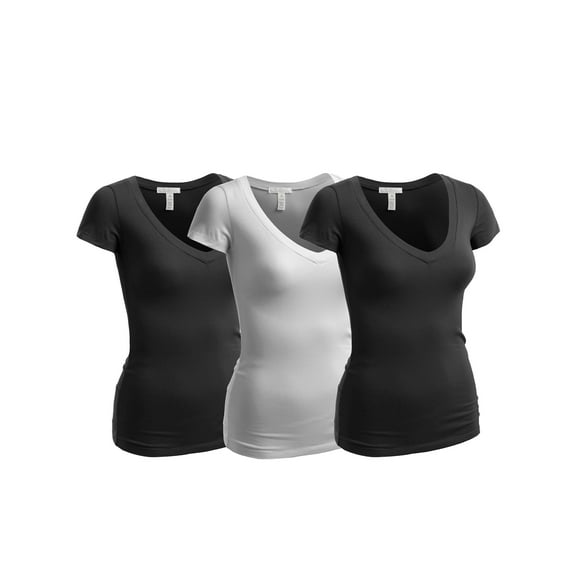 Emmalise Women's Short Sleeve T Shirt V Neck Tee Value Set (3Pk, 2 Black, 1 White, X-Large)