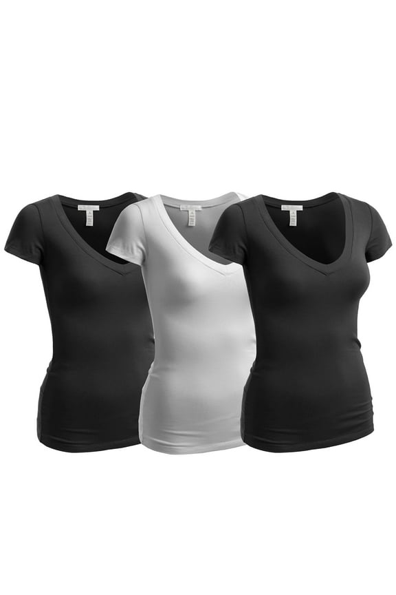 Women's Short Sleeve T Shirt V Neck Tee Value Set (3Pk, 2 Black, 1 White, XXX-Large)