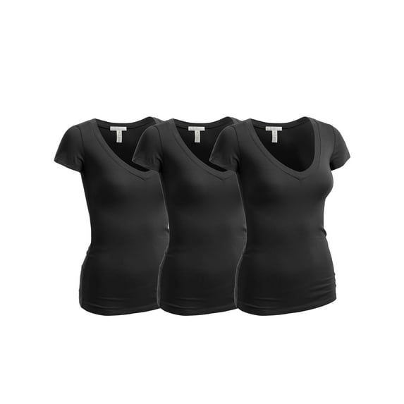 Emmalise Women's Short Sleeve T Shirt V Neck Tee Value Set (3Pk, 3 Black, Large)