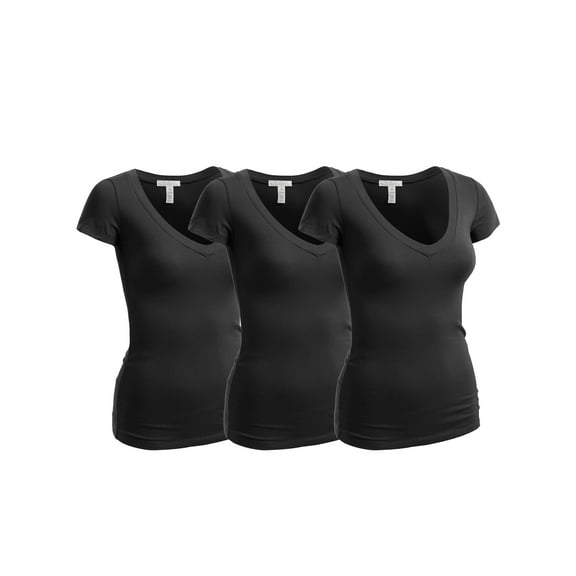 Essential Basic Women's Short Sleeve T Shirt V Neck Tee Value Set (3Pk, 3 Black, Medium)