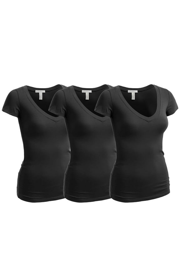 Women's Short Sleeve T Shirt V Neck Tee Value Set (3Pk, 3 Black, Small)