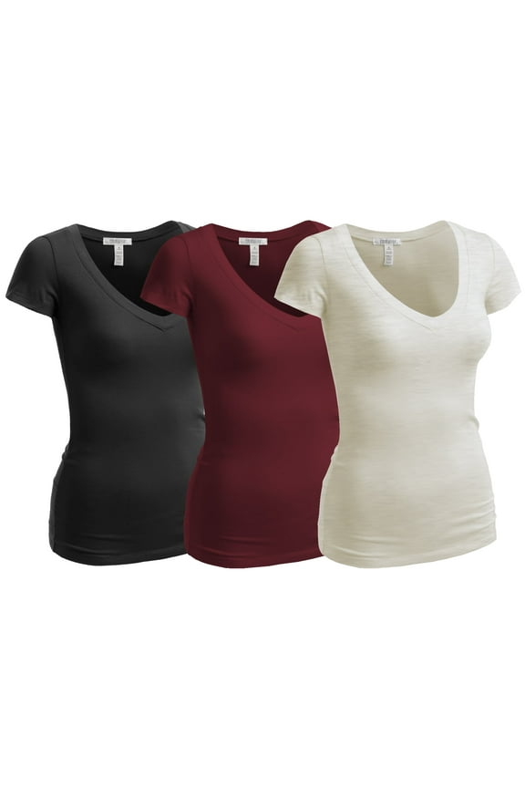 Women's Short Sleeve T Shirt V Neck Tee Value Set (3Pk, Black, Burgundy, Oat, Medium)
