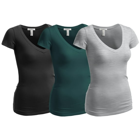 Emmalise Women's Short Sleeve T Shirt V Neck Tee Value Set (3Pk, Black, Deep Jungle, HGrey, X-Large)