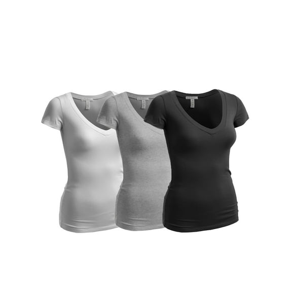 Emmalise Women's Short Sleeve T Shirt V Neck Tee Value Set (3Pk, Black, Heather Grey, White, X-Large)