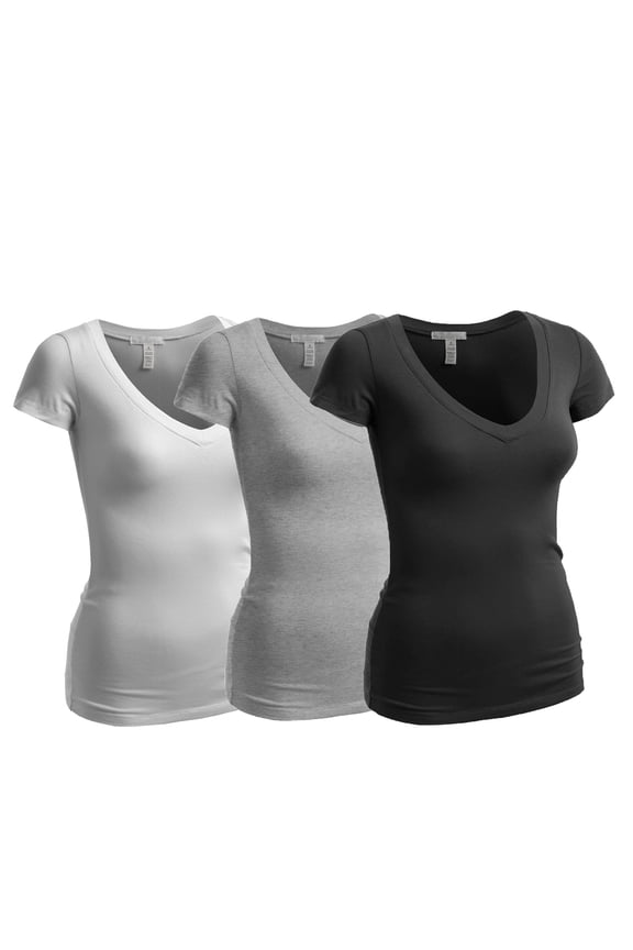 Essential Basic Women's Short Sleeve T Shirt V Neck Tee Value Set (3Pk, Black, Heather Grey, White, XXX-Large)