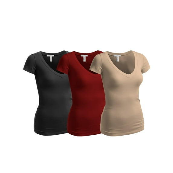 Essential Basic Women's Short Sleeve T Shirt V Neck Tee Value Set (3Pk, Black, Khaki, Red, Large)