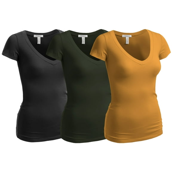 Essential Basic Women's Short Sleeve T Shirt V Neck Tee Value Set (3Pk, Black, Mustard, Olive, Small)