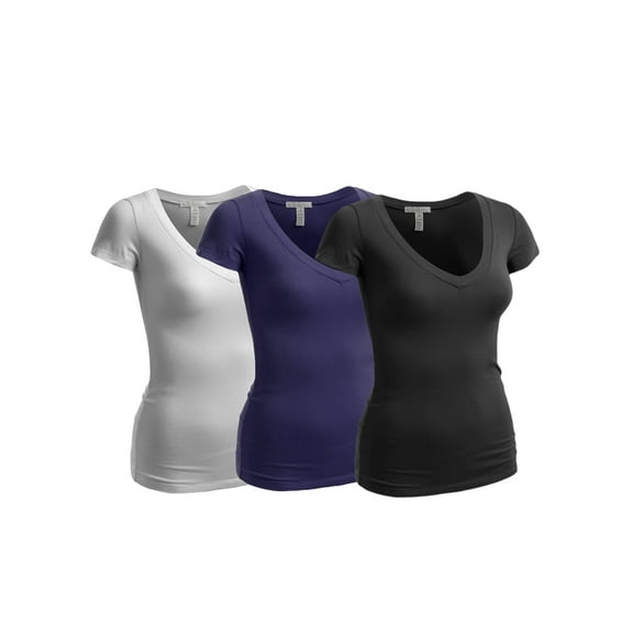 Essential Basic Women's Short Sleeve T Shirt V Neck Tee Value Set (3Pk, Black, Navy, White, Large)