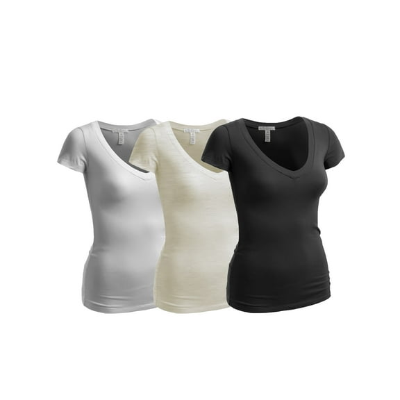Essential Basic Women's Short Sleeve T Shirt V Neck Tee Value Set (3Pk, Black, Oat, White, Large)