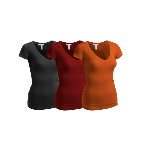Essential Basic Women's Short Sleeve T Shirt V Neck Tee Value Set (3Pk, Fuschia, Purple, Black, Small)