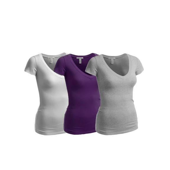 Emmalise Women's Short Sleeve T Shirt V Neck Tee Value Set (3Pk, Heather Gray, Purple, White, X-Large)