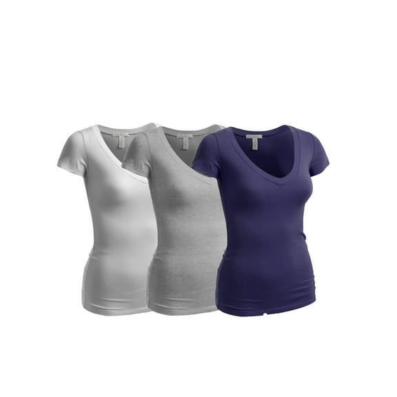 Essential Basic Women's Short Sleeve T Shirt V Neck Tee Value Set (3Pk, Navy, Heather Gray, White, Medium)