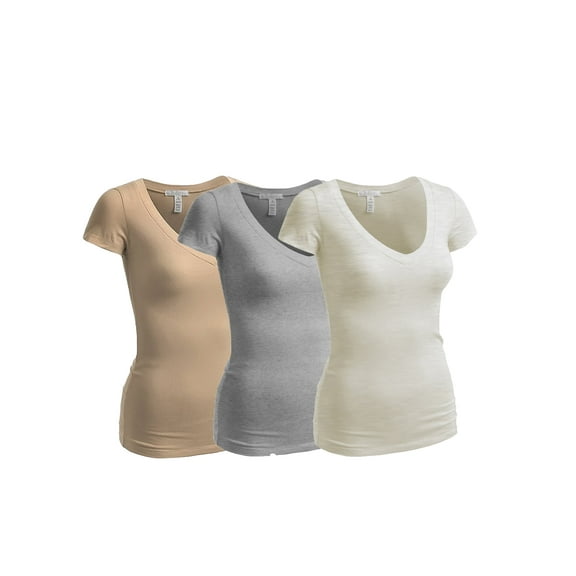 Essential Basic Women's Short Sleeve T Shirt V Neck Tee Value Set (3Pk, Oatmeal, Heather Gray, Khaki, XX-Large)