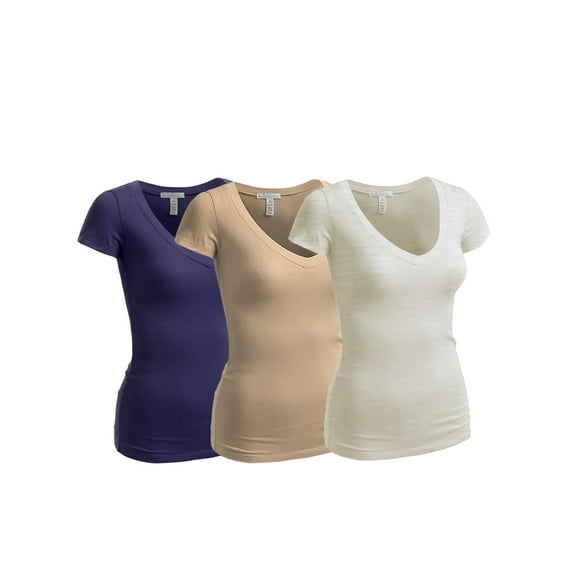 Essential Basic Women's Short Sleeve T Shirt V Neck Tee Value Set (3Pk, Oatmeal, Khaki, Navy, Large)