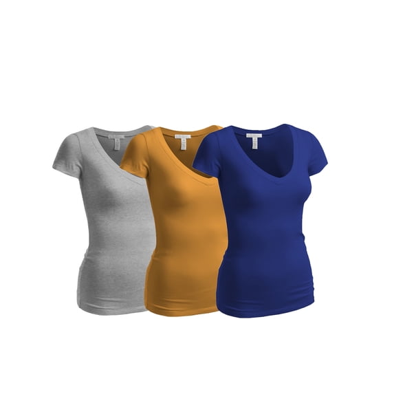 Emmalise Women's Short Sleeve T Shirt V Neck Tee Value Set (3Pk, Royal, Mustard, Heather Gray, Medium)