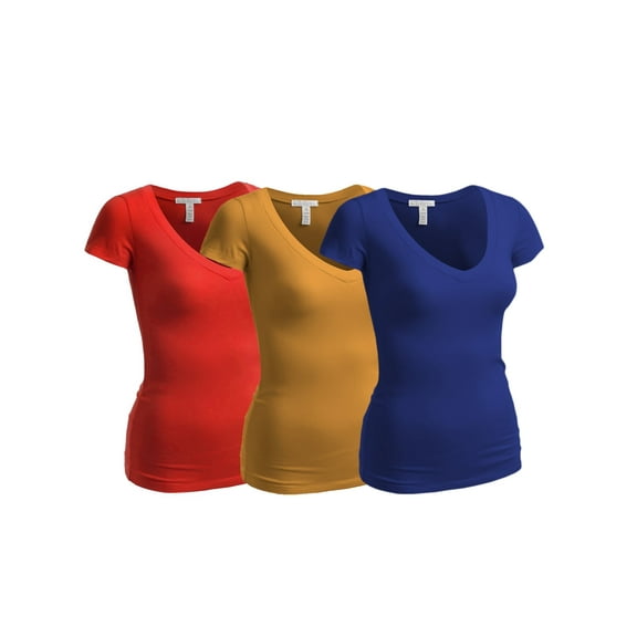 Essential Basic Women's Short Sleeve T Shirt V Neck Tee Value Set (3Pk, Royal, Mustard, Red, Small)