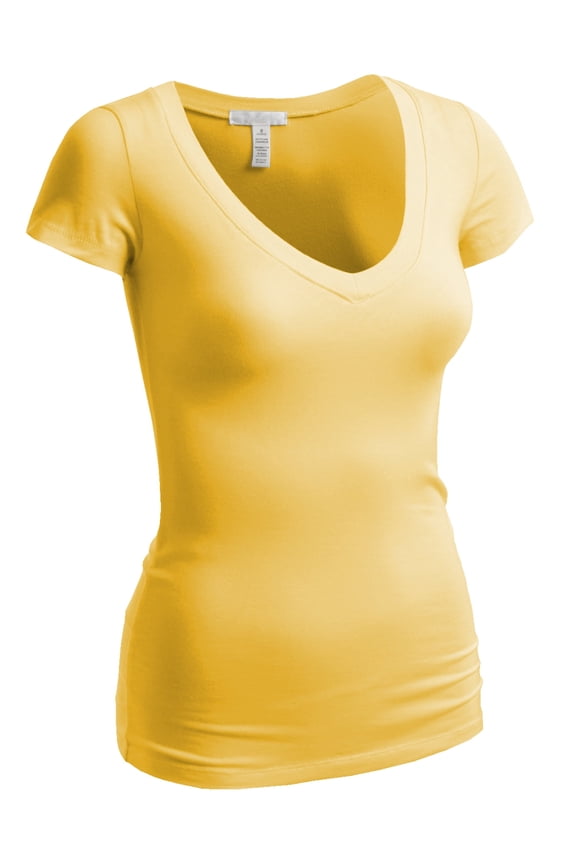 Women's Short Sleeve T Shirt V Neck Tee (Yellow, Small)