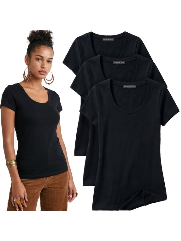 Scoop Neck Short Sleeve Tee Women Basic Tshirt - 3 Pk Value Deal, Junior to Plus Sizes
