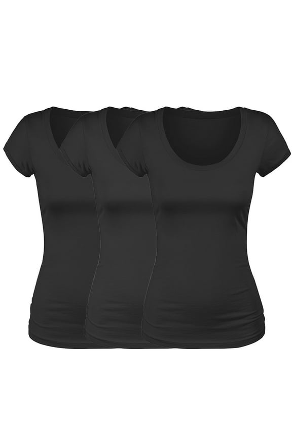Emmalise Women's Short Sleeve Tshirt Scoop Neck Tee Value Set (3Pk, Bk, Bk, Bk, Large)