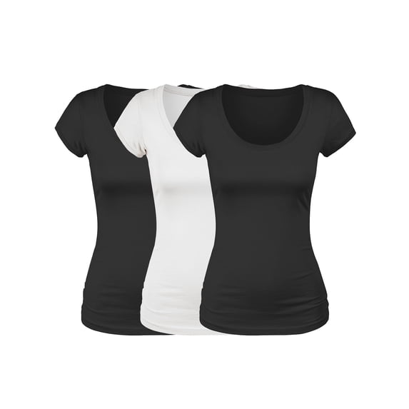 Emmalise Women's Short Sleeve Tshirt Scoop Neck Tee Value Set (3Pk, Bk, Bk, Wht, X-Large)