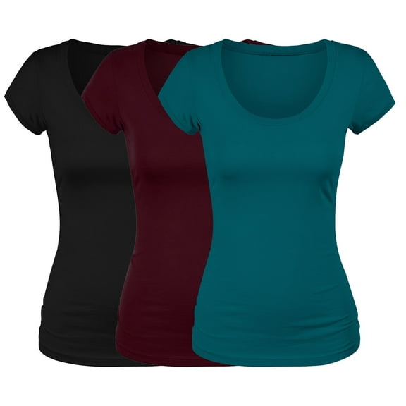 Emmalise Women's Short Sleeve Tshirt Scoop Neck Tee Value Set (3Pk, Blk, Burgundy, DpJungle, XX-Large