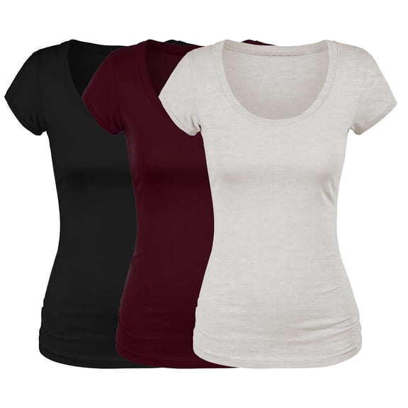 Emmalise Women's Short Sleeve Tshirt Scoop Neck Tee Value Set (3Pk, Blk, Burgundy, Oat, XX-Large)