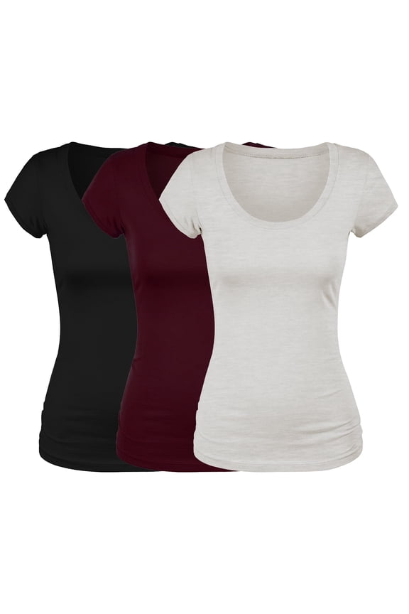 Emmalise Women's Short Sleeve Tshirt Scoop Neck Tee Value Set (3Pk, Blk, Burgundy, Oat, XX-Large)