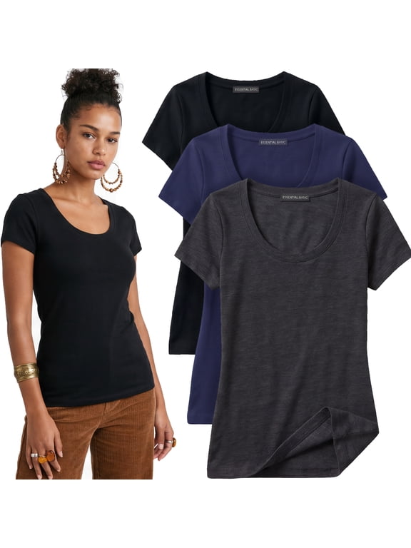 Scoop Neck Short Sleeve Tee Women Basic Tshirt - 3 Pk Value Deal, Junior to Plus Sizes