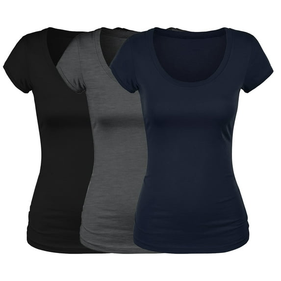 Emmalise Women's Short Sleeve Tshirt Scoop Neck Tee Value Set (3Pk, Blk, HthCharcoal, Navy, Small)