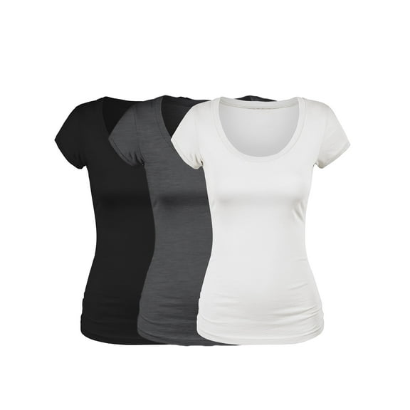 Emmalise Women's Short Sleeve Tshirt Scoop Neck Tee Value Set (3Pk, Blk, HthCharcoal, Wht, Large)