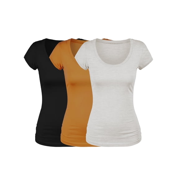 Emmalise Women's Short Sleeve Tshirt Scoop Neck Tee Value Set (3Pk, Blk, Mustard, Oat, XX-Large)