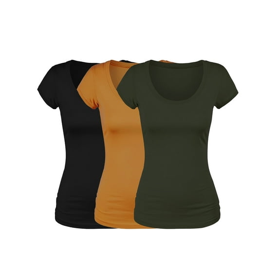 Emmalise Women's Short Sleeve Tshirt Scoop Neck Tee Value Set (3Pk, Blk, Mustard, Olive, Large)