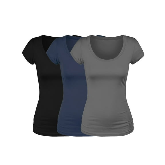 Emmalise Women's Short Sleeve Tshirt Scoop Neck Tee Value Set (3Pk, Blk, Navy, Charcoal, Medium)