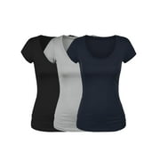 Emmalise Women's Short Sleeve Tshirt Scoop Neck Tee Value Set (3Pk, Blk, Navy, HthGray, XXX-Large)