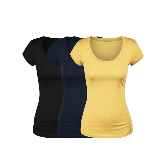 Emmalise Women's Short Sleeve Tshirt Scoop Neck Tee Value Set (3Pk, Blk, Navy, Yolk Yellow, Large)