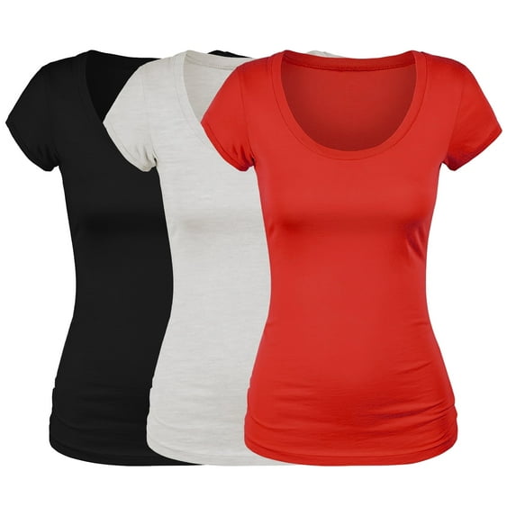 Emmalise Women's Short Sleeve Tshirt Scoop Neck Tee Value Set (3Pk, Blk, Oat, Red, XXX-Large)