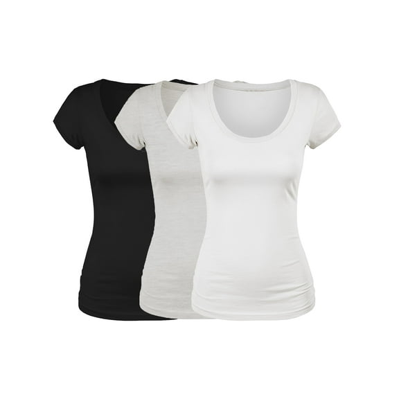 Emmalise Women's Short Sleeve Tshirt Scoop Neck Tee Value Set (3Pk, Blk, Oat, White, X-Large)