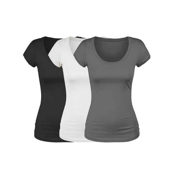 Emmalise Women's Short Sleeve Tshirt Scoop Neck Tee Value Set (3Pk, Blk, White, Charcoal, XX-Large)
