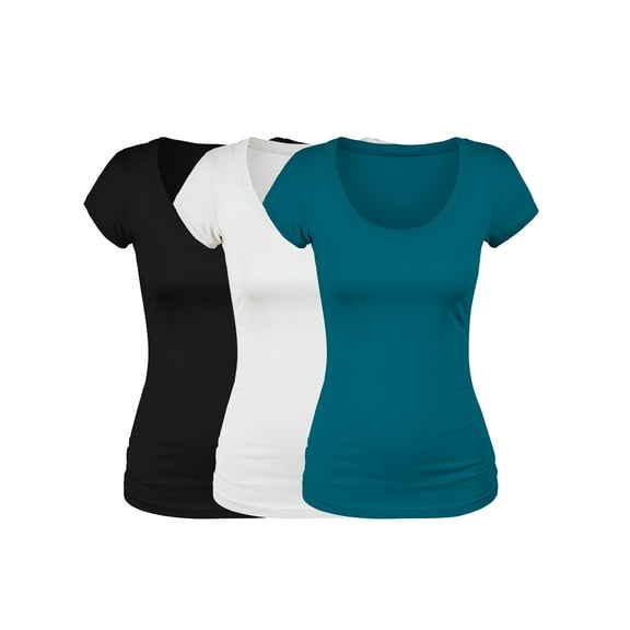 Emmalise Women's Short Sleeve Tshirt Scoop Neck Tee Value Set (3Pk, Blk, White, DpJungle, Small)